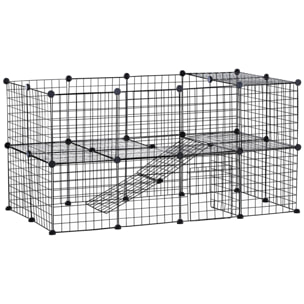 Cage parc enclos pour animaux domestiques L 146 x l 73 x H 73 cm modulable 2 niveaux 36 panneaux bords arrondis fil métallique noir