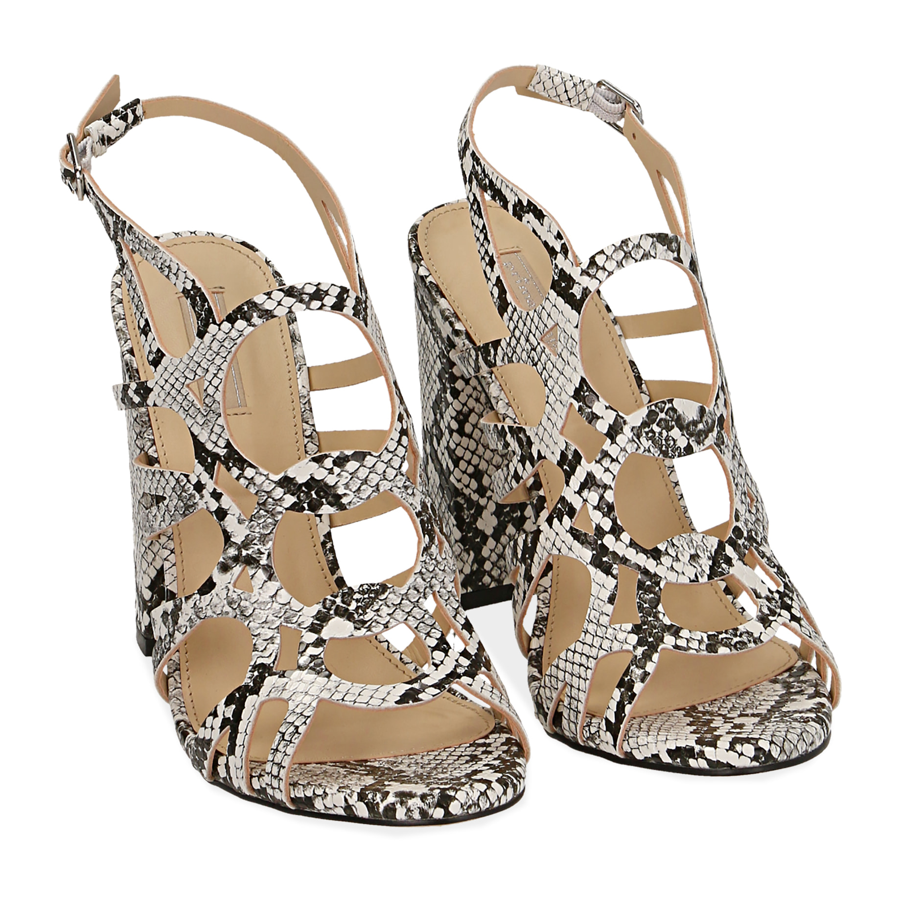 Sandalias jaula estampado pitón blanco/negro, tacón 10,5 cm