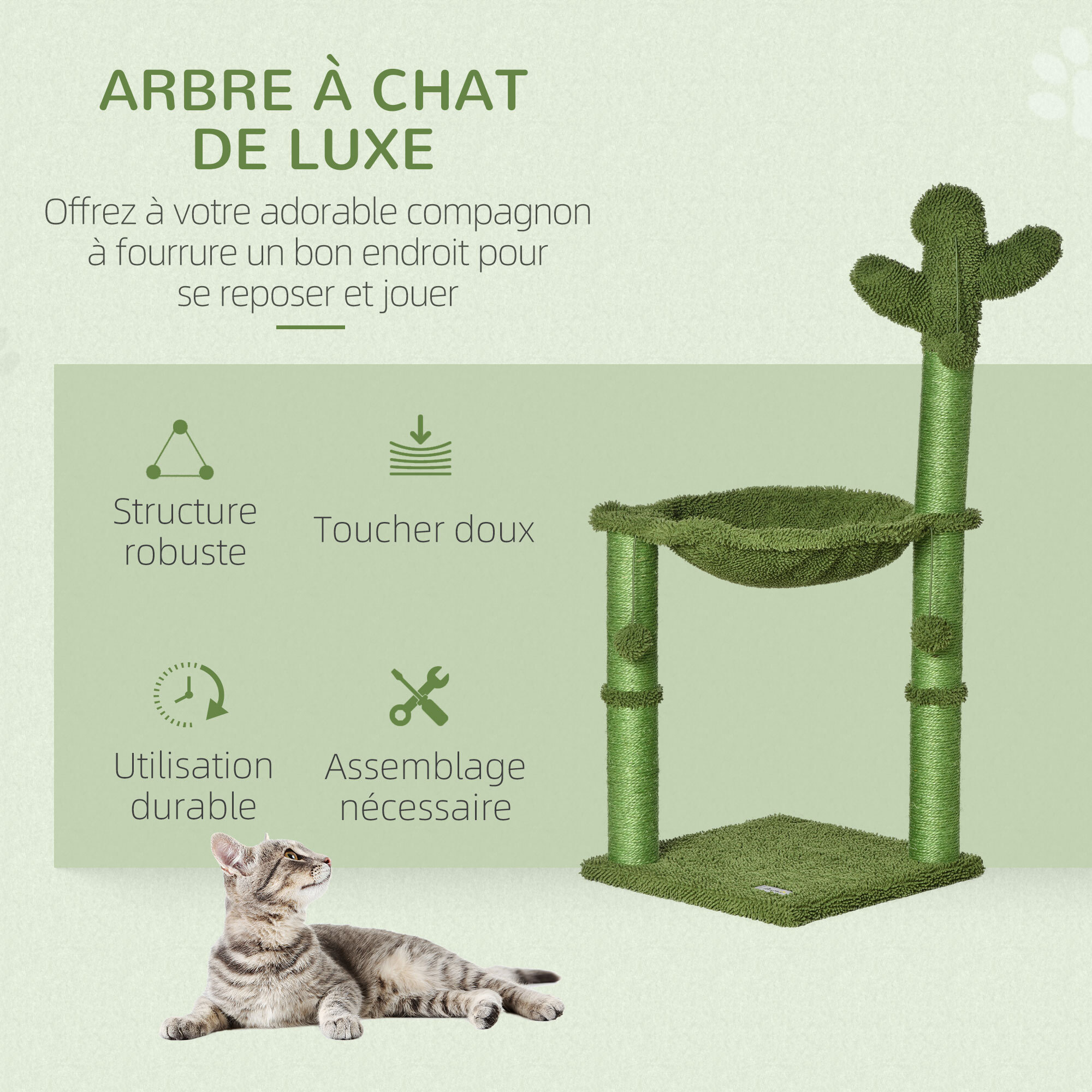 Arbre à chat griffoirs design cactus - hamac, 3 jouets pompons suspendus - panneaux peluche sisal vert