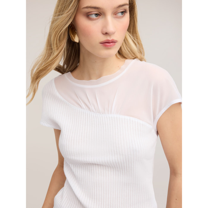 Motivi - T-shirt bimaterica con inserto drappeggiato - Bianco