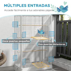 Jaula para Pájaros 61x36,5x98 cm Pajarera con Puertas Perchas Bandeja Extraíble Cajas de Comidas y Asas Jaula para Ninfas Periquitos Pinzones Canarios Blanco