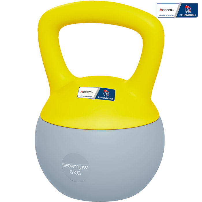 Kettlebell 6 Kg collaboration Aosom.fr x FFHandball - prise ergonomique - PVC gris jaune