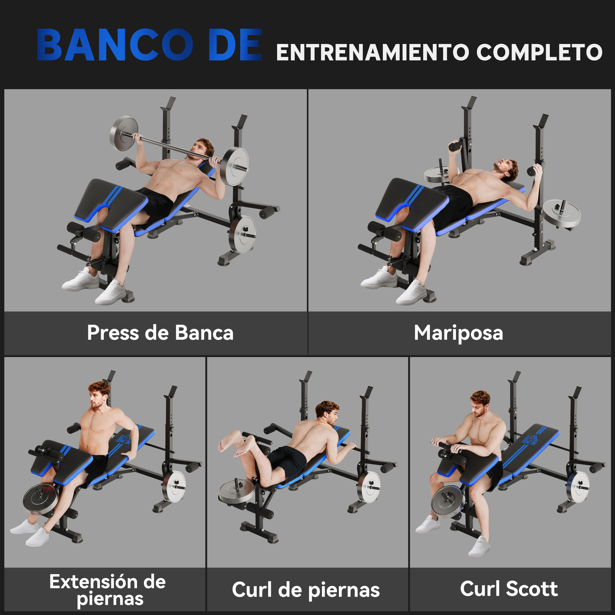Banco de Musculación Multifuncional, Banco de Pesas con Respaldo Ajustable, Soporte para Barras Regulable, Extensión de Piernas, Curl de Predicador, Mariposa, Entrenamiento Casa Gimnasio, Azul