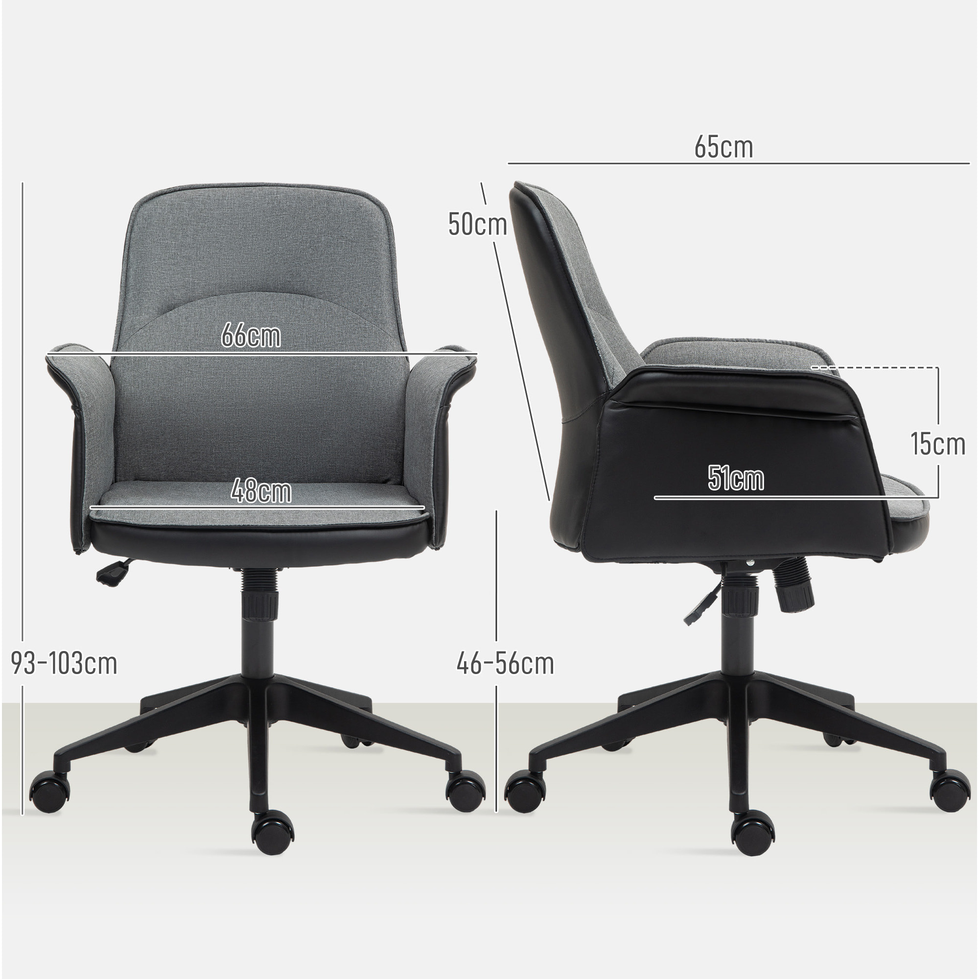 Silla de Oficina Giratoria Silla de Escritorio Altura Ajustable con Función de Basculante y Reposabrazos Silla de Estudio Carga 120 kg Gris y Negro