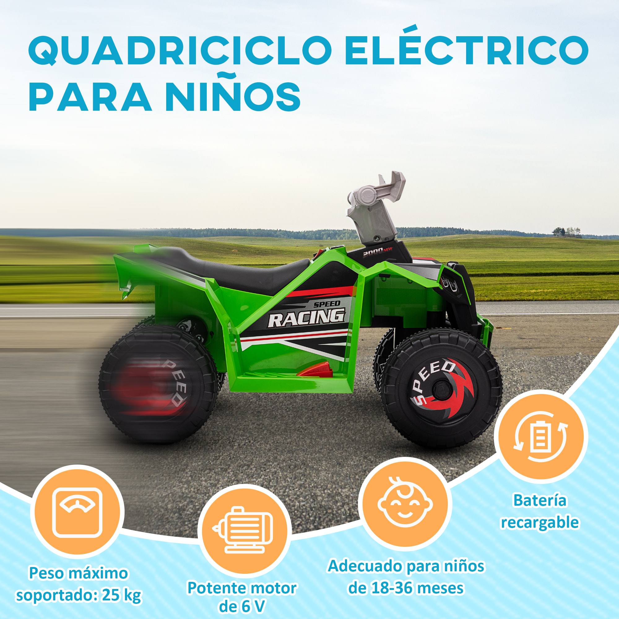 Quad Eléctrico para Niños de 18-36 Meses Vehículo Eléctrico a Batería 6V con Avance y Retroceso Velocidad de 2,5 km/h 70x41,5x48,5 cm Verde