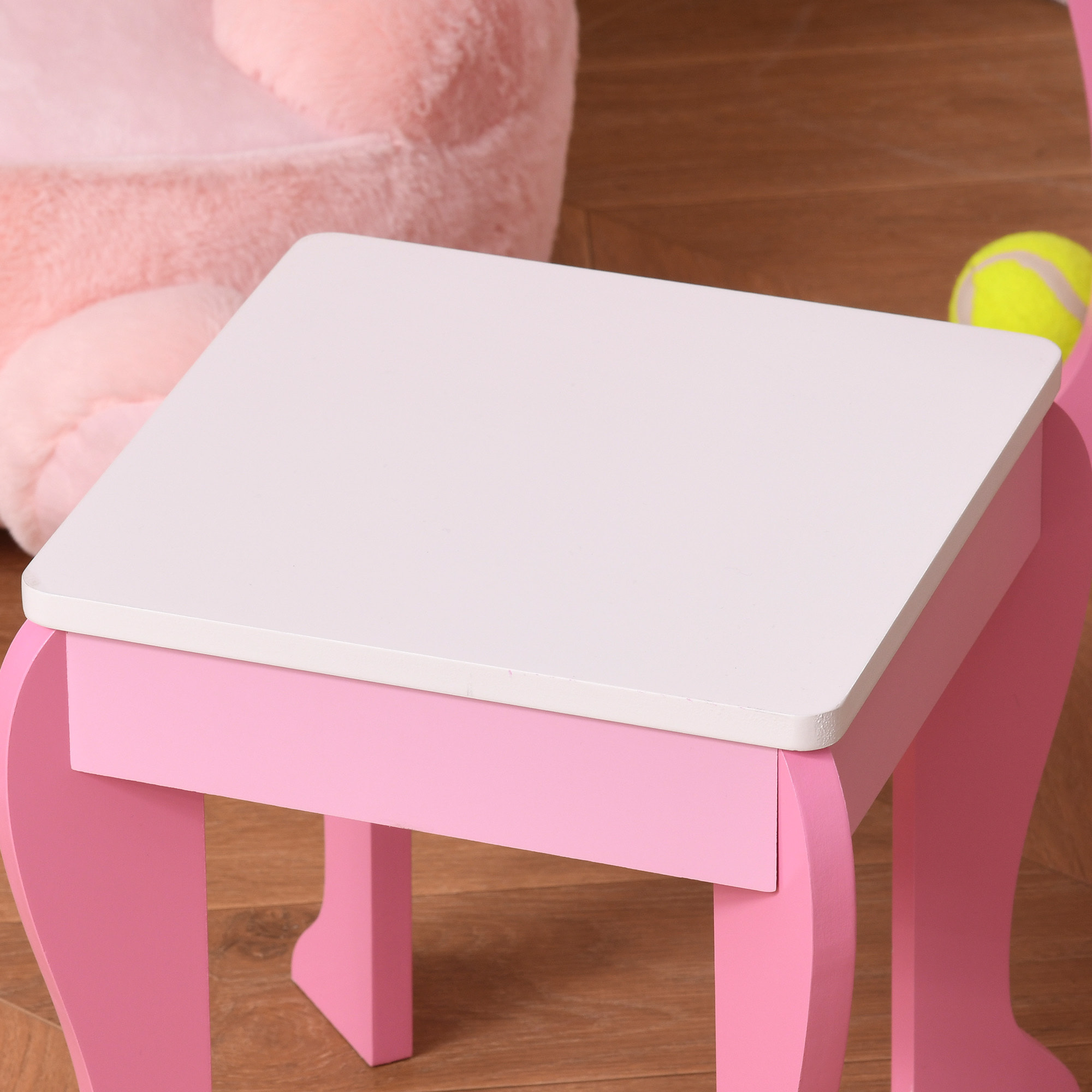 Coiffeuse enfant design licorne - tabouret inclus - dim. 49L x 34l x 90H cm - tiroir, miroir - MDF - rose blanc