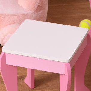 Coiffeuse enfant design licorne - tabouret inclus - dim. 49L x 34l x 90H cm - tiroir, miroir - MDF - rose blanc