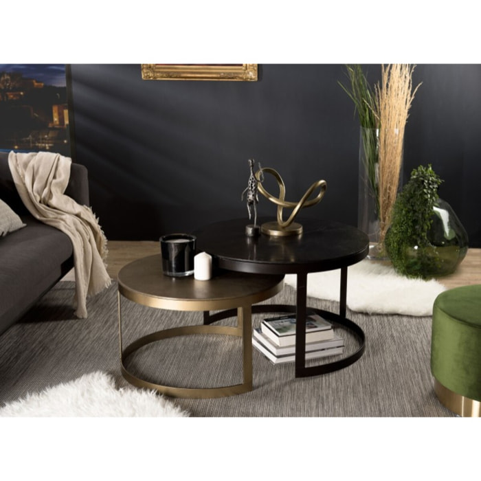 JOHAN - Set de 2 tables gigognes ceinturées rondes aluminium noir doré - pieds métal demi-cercle