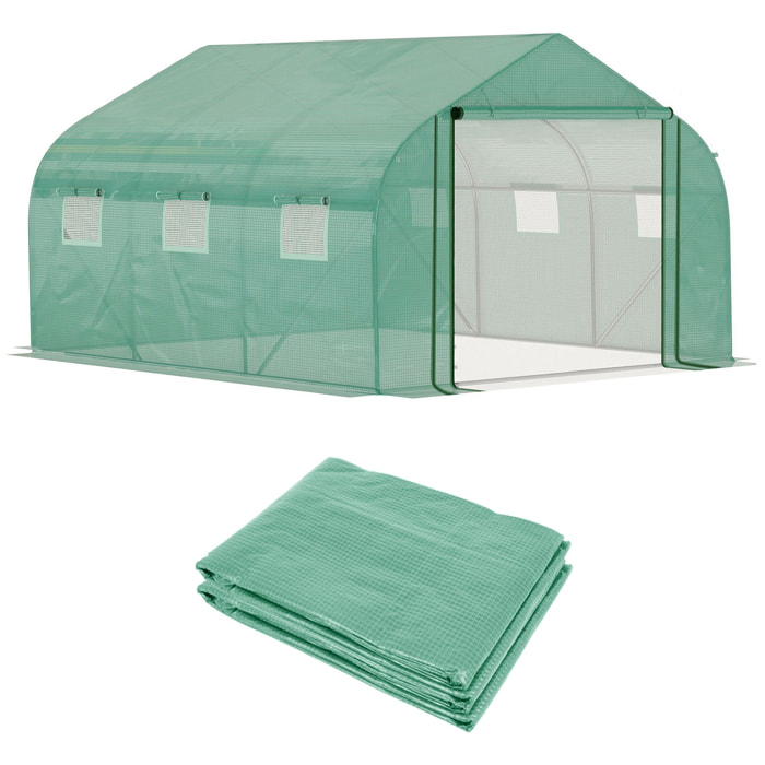 Conjunto de Invernadero de Túnel y Cubierta de Repuesto con Puerta y 6 Ventanas Enrollables Anti-UV para Cultivos Plantas Flores 350x300x200 cm Verde