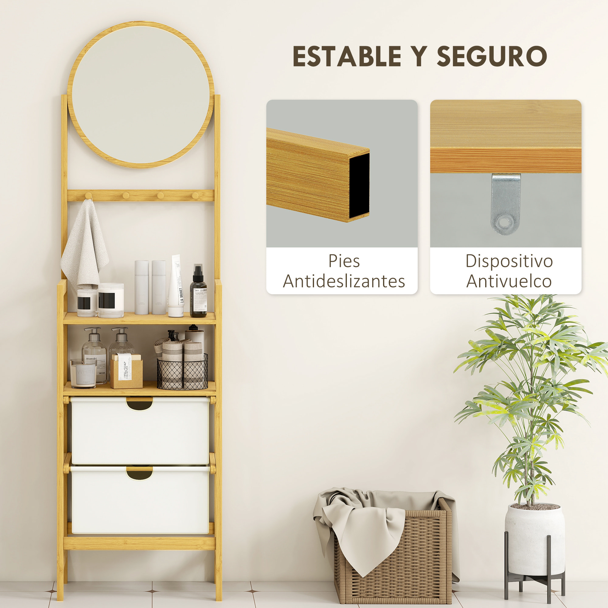 Estantería de Baño de Bambú con Espejo Estantería de Almacenaje con 4 Ganchos 2 Estantes Abiertos y 2 Cajones de Tela para Cocina Baño Salón 48,5x30x170 cm Natural
