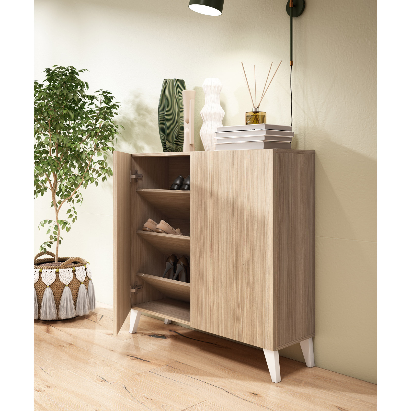 Zapatero Bergen melamina nogal claro patas blanco 87x90x27 cm