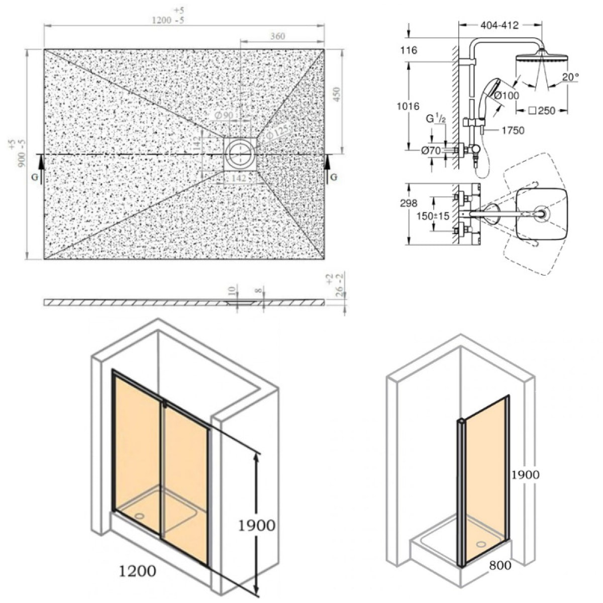 Pack douche complet : Porte coulissante 120cm + Paroi latérale 80cm + Colonne de douche avec mitigeur Grohe + Receveur 120x80cm