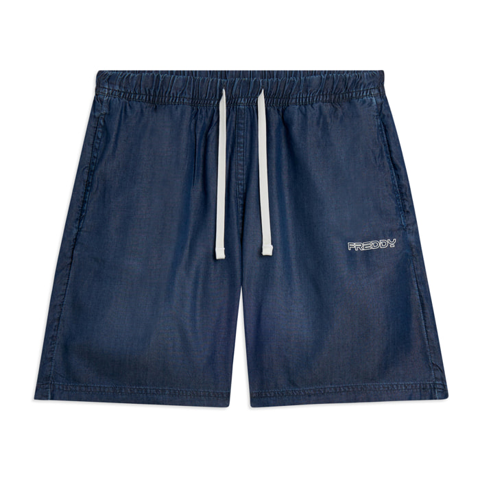 Pantaloni Corti in Chambray con Coulisse in Contrasto