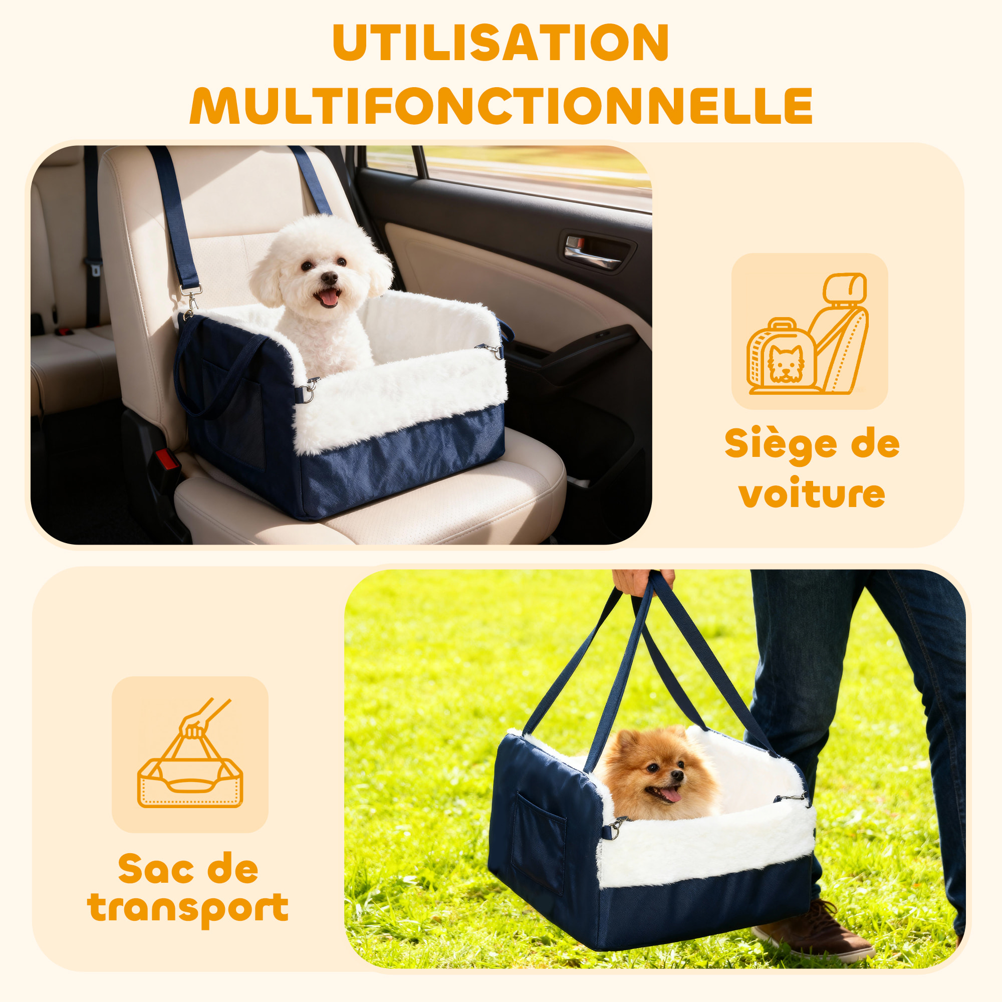 Siège auto sac de transport chien 2 en 1 - réglable - revêtement effet fourrure déhoussable - polyester bleu