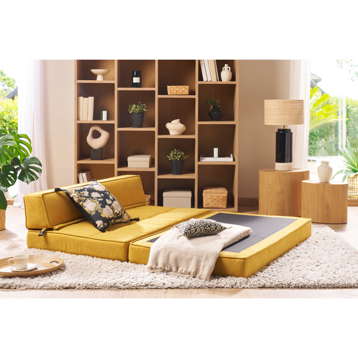 Chauffeuse 2 places convertible en tissu effet velours jaune moutarde KATY