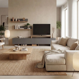 Salón con mueble TV y estanterías en gris grafito y alpino 200 cm Bender Gris Grafito - Alpino