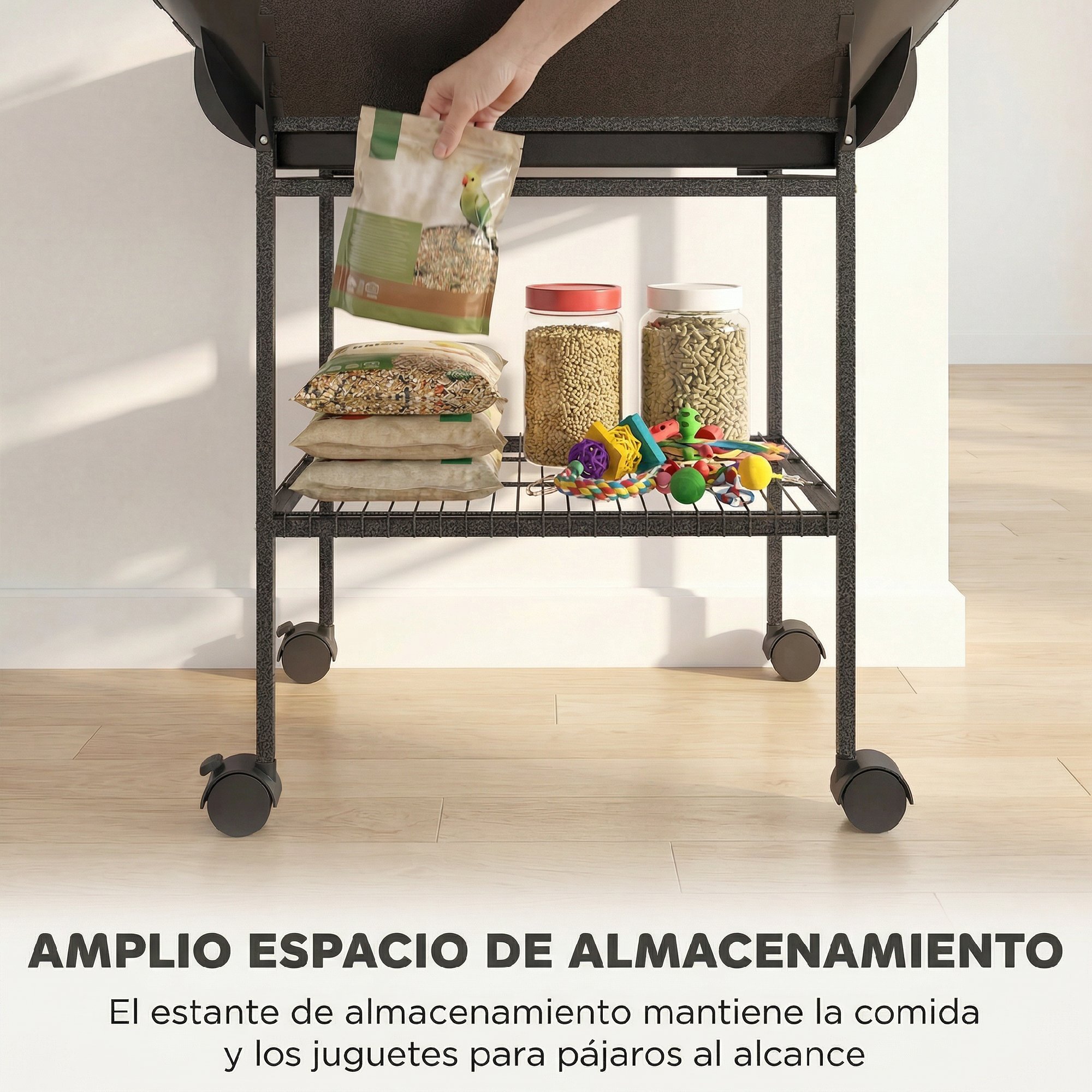 Parque de Juegos para Pájaros, Soporte para Pájaros con Ruedas, Escaleras, Columpio, Protector de Semillas, Bandeja, Comederos, Perchas, Gancho, Estante, para Periquitos Cacatúas, 63x63x163 cm
