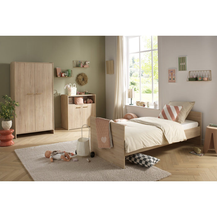Chambre bébé trio: Lit bébé 60x120 évolutif, commode à langer 2 portes et armoire 2 portes décor bois hêtre