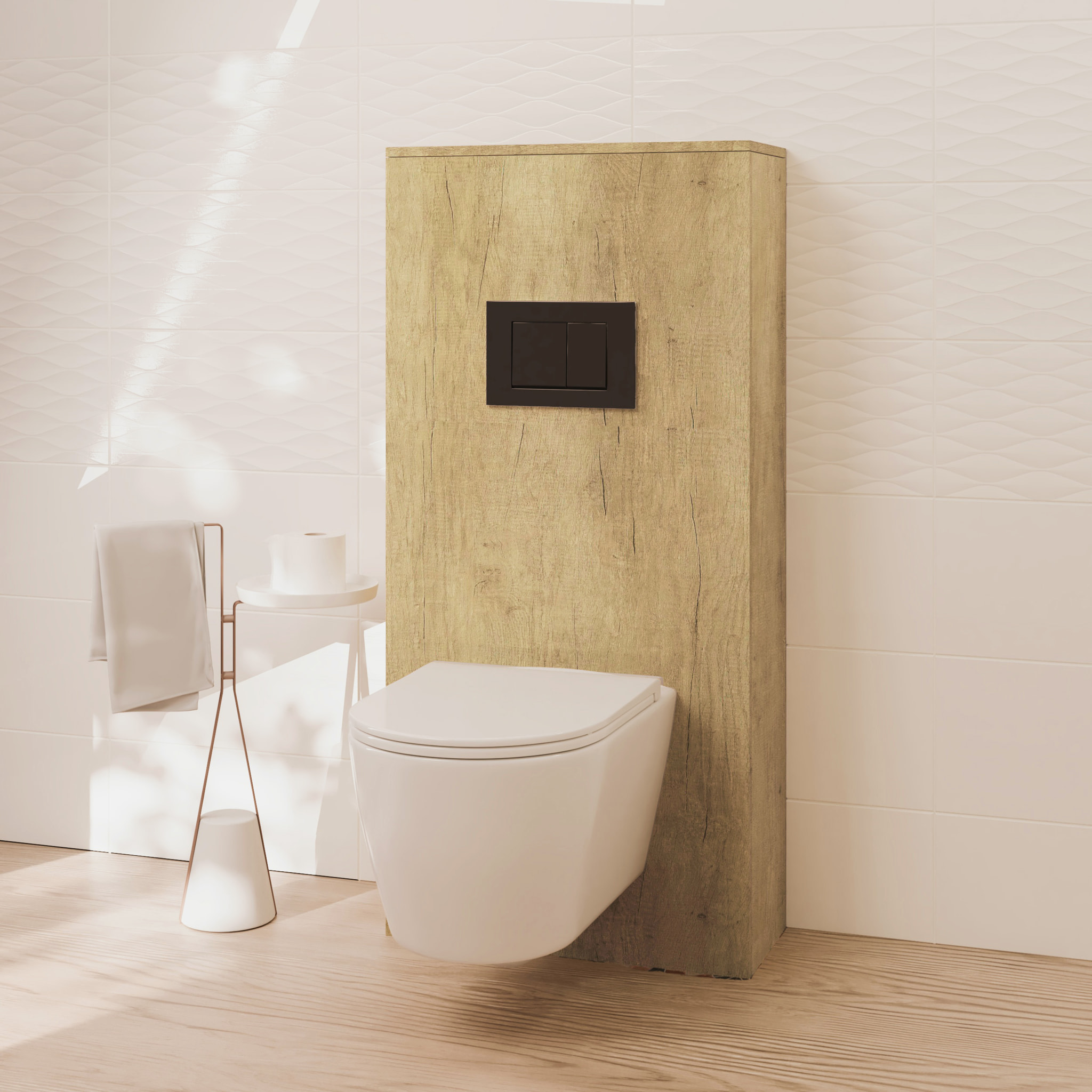 Pack Wc Suspendido + Bastidor + Caja Nature | Inodoro Blanco Brillo | Pulsador Negro | Cisterna Empotrada | Tapa Amortiguada | Alday