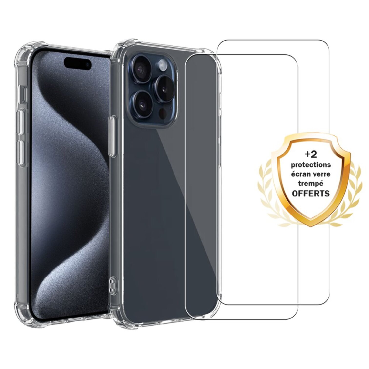 Coque iPhone 15 Pro Antichoc Silicone bords renforcés + 2 Vitres en verre trempé Protection écran