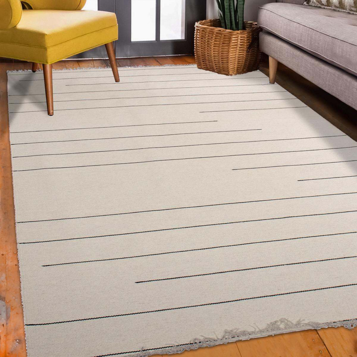 Tapis kilim Reversible Veko tissé à la main en laine beige