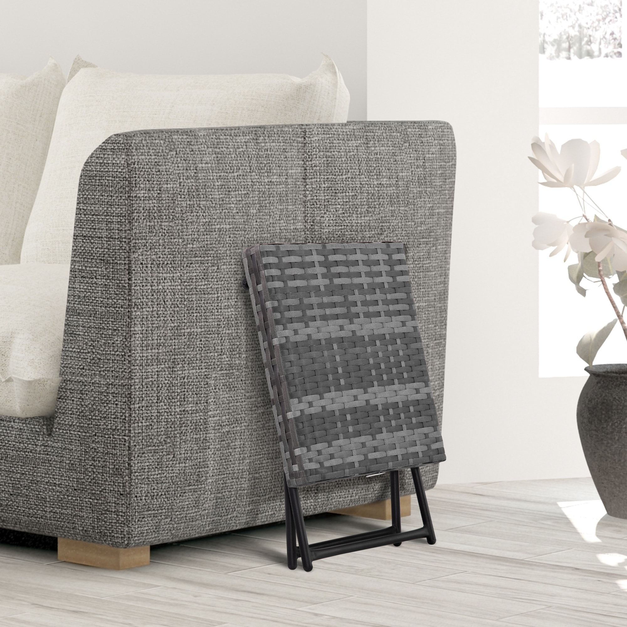 Mesa de Jardín de Ratán Sintético 0,16 ãŽ¡ Mesa de Terraza Exterior Plegable con Patas Cruzadas y Marco de Acero para Patio Balcón Gris