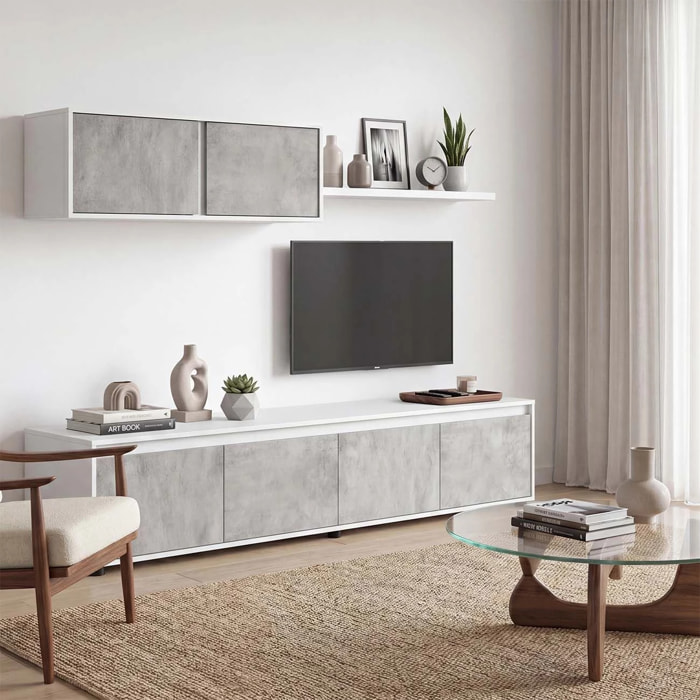 Salón con mueble de TV y estantería en blanco artik y gris cemento 200 cm Arlet Blanco Artik (Blanco Mate) - Gris Cemento