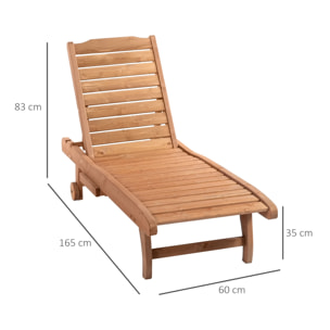 Tumbona de Madera Exterior Silla Reclinable de Jardín con 2 Ruedas Respaldo Ajustable en 3 Niveles y 1 Bandeja Carga 130 kg para Terraza Patio Natural