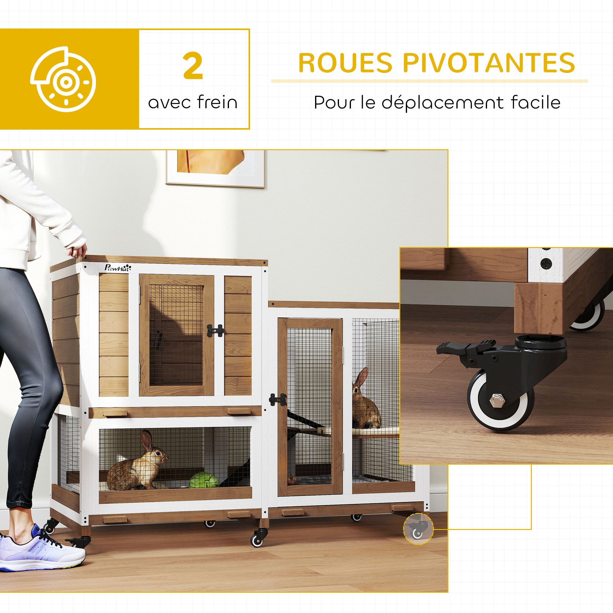 Clapier à lapin sur roulettes cage à lapin 3 niveaux 2 portes verrouillables 3 plateaux coulissants rampes bois sapin acier marron blanc