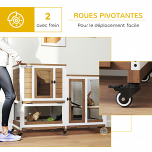 Clapier à lapin sur roulettes cage à lapin 3 niveaux 2 portes verrouillables 3 plateaux coulissants rampes bois sapin acier marron blanc