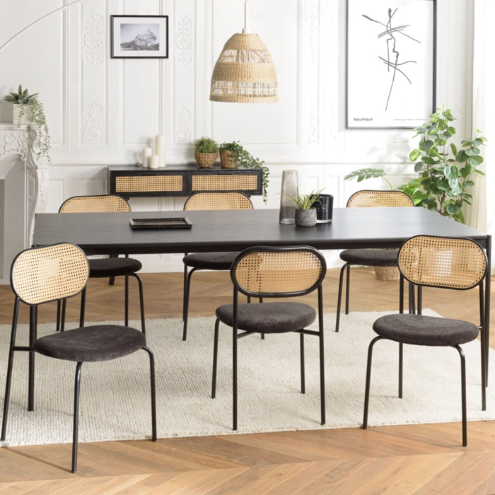 LEA - Lot de 2 chaises assise tissu noir dossier effet cannage et métal