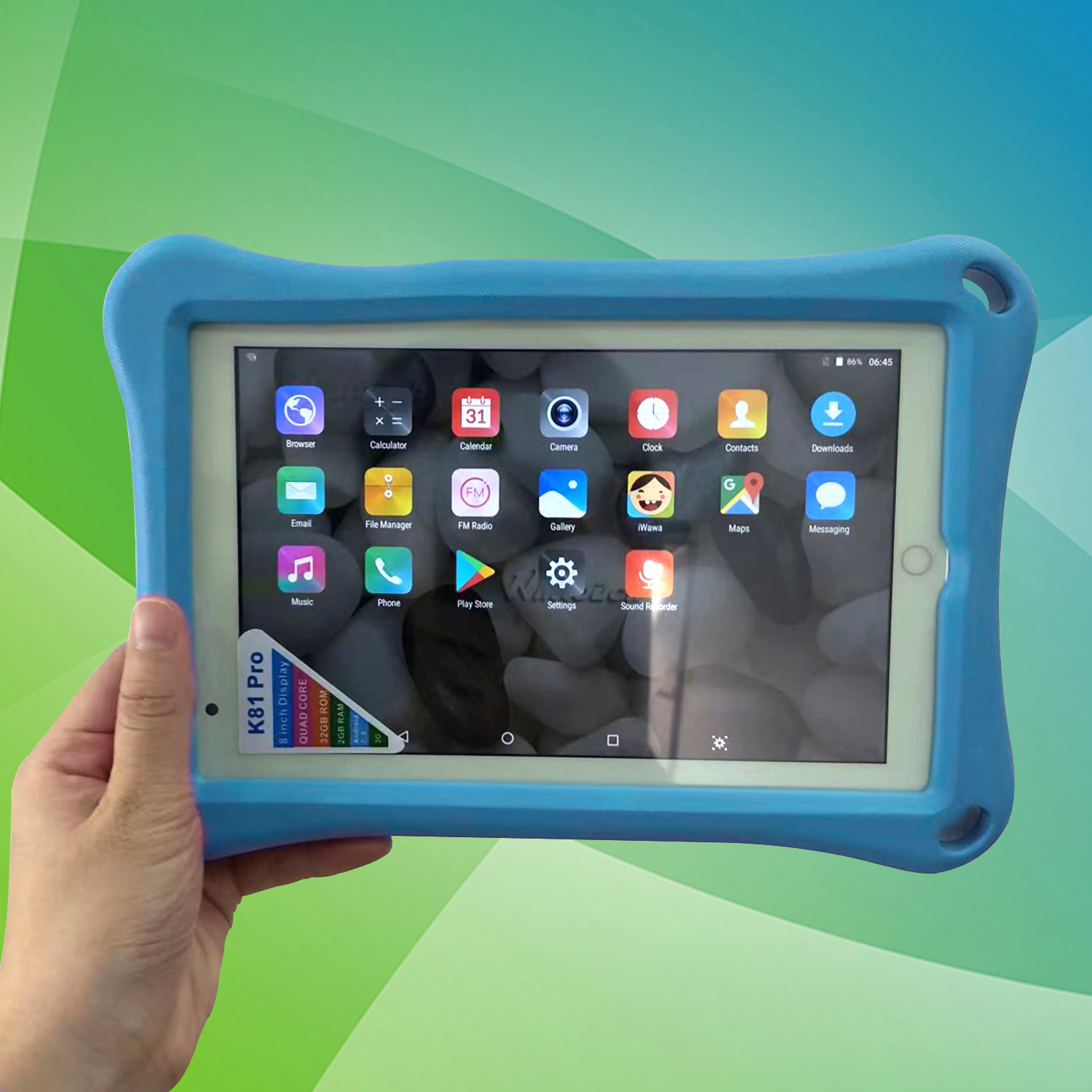 Tablet per bambini K81 PRO 3G WiFi. Sistema operativo Android 8. Schermo da 8'' 1280x800px. MTK6735 Quad Core da 1,3 GHz, 2 GB di RAM + 32 GB. Doppia fotocamera.