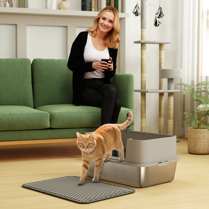 Maison de toilette XL bac litière acier inox tapis pelle gris clair