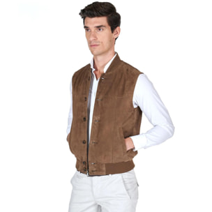 Gilet in pelle camoscio color fango con bottoni