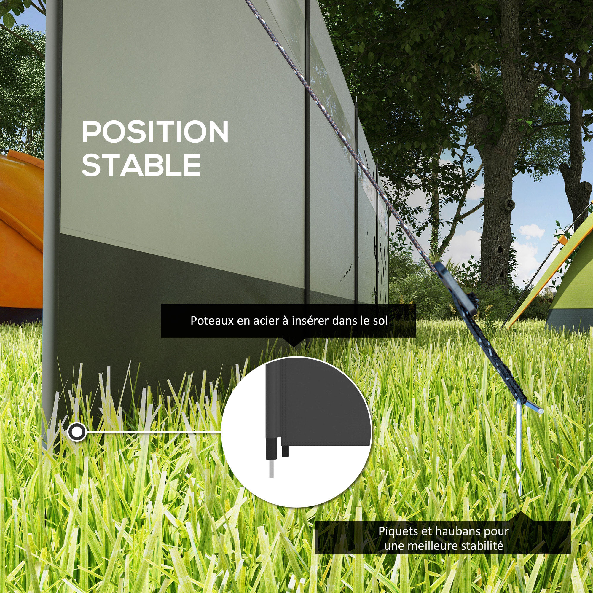 Paravent brise-vue camping plage portable pliable avec sac de transport et poteaux acier dim. 725L x 140H cm gris