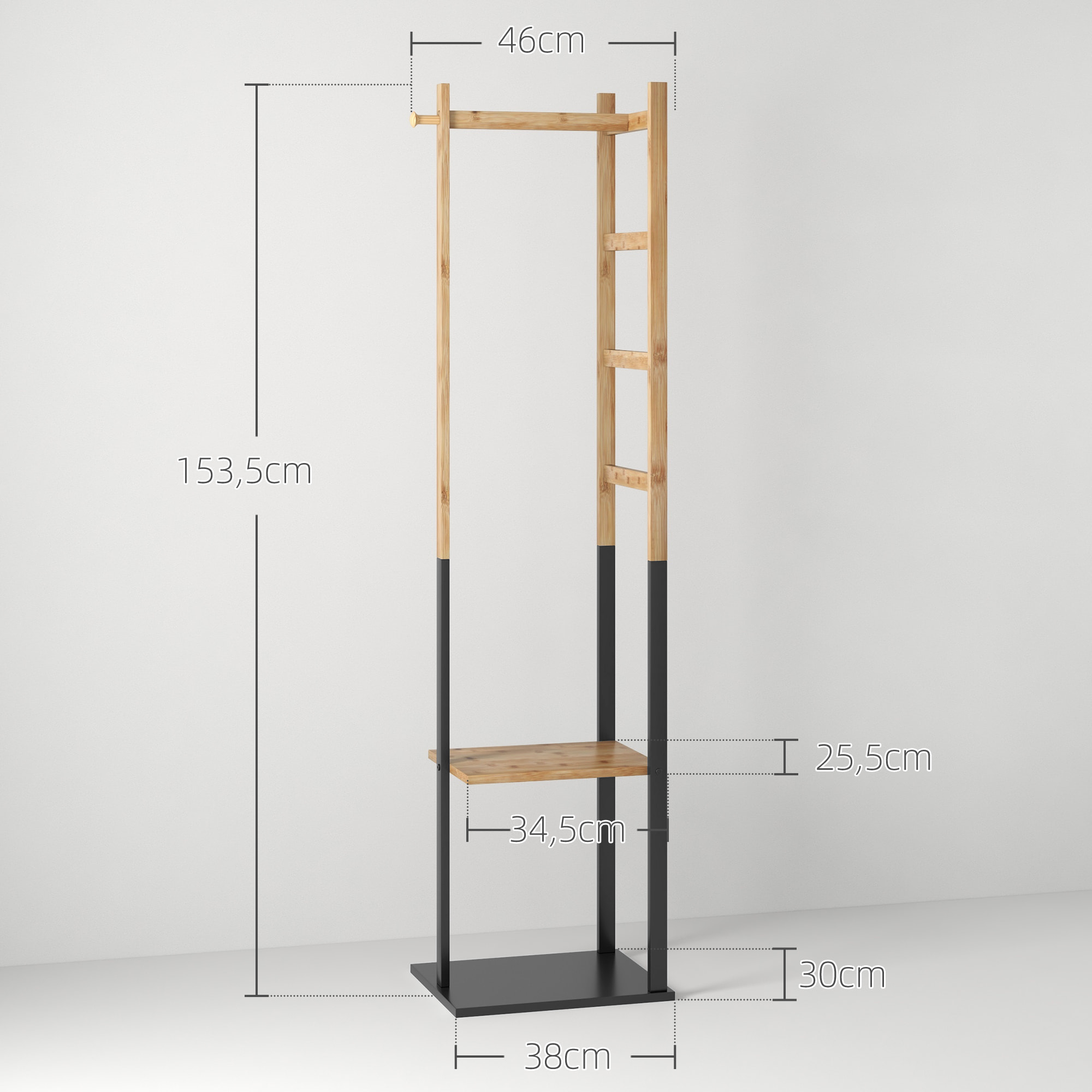 Portant pour vêtements en bambou, Porte-manteau en Bois avec tringle, étagères, patère, 4 barres latérales dim. 46L x 28,5l x 153,5H cm