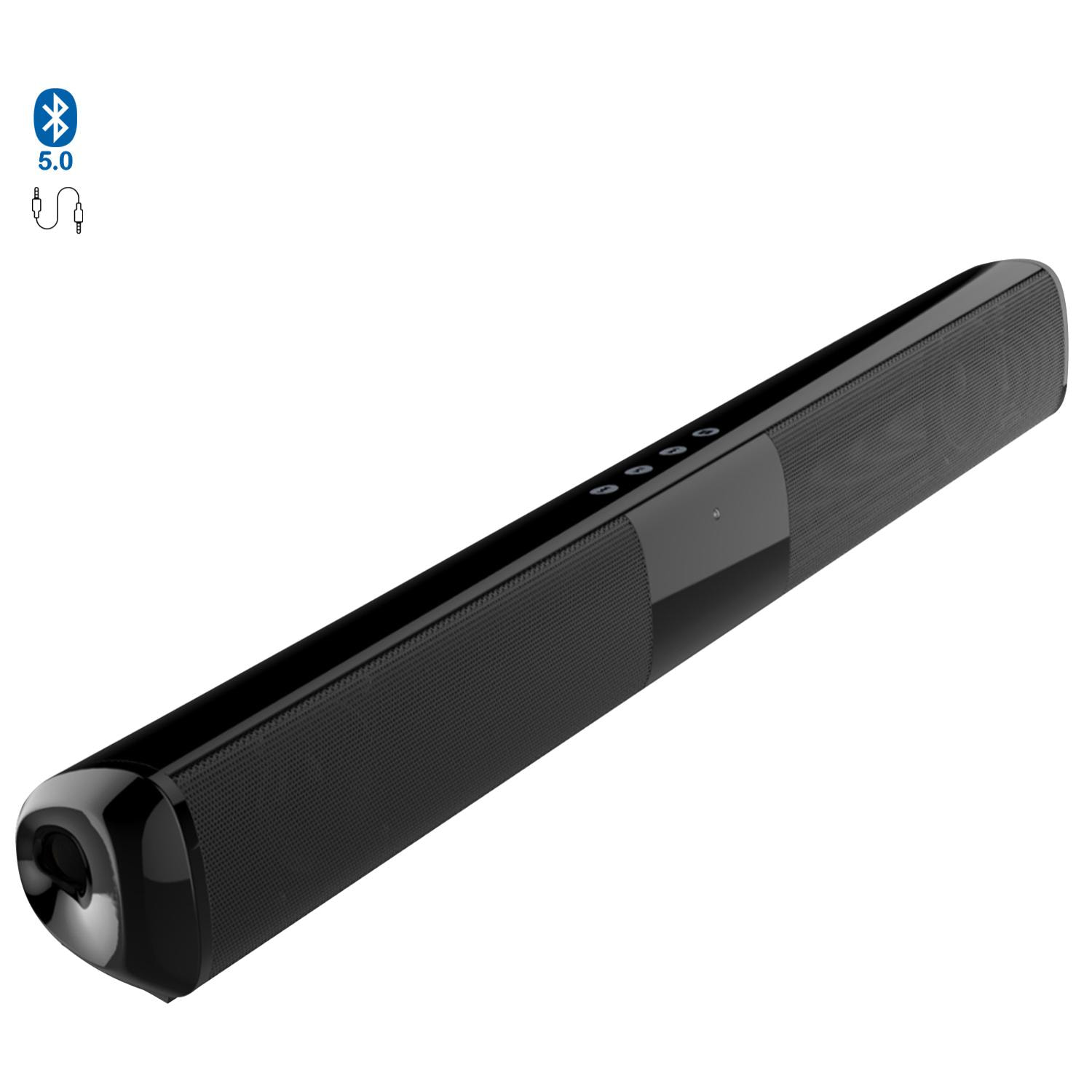 Soundbar 2.0 T90 Bluetooth 5.0. Ingresso RCA, ausiliario, Micro SD e radio FM. Batteria incorporata da 1800 mAh.