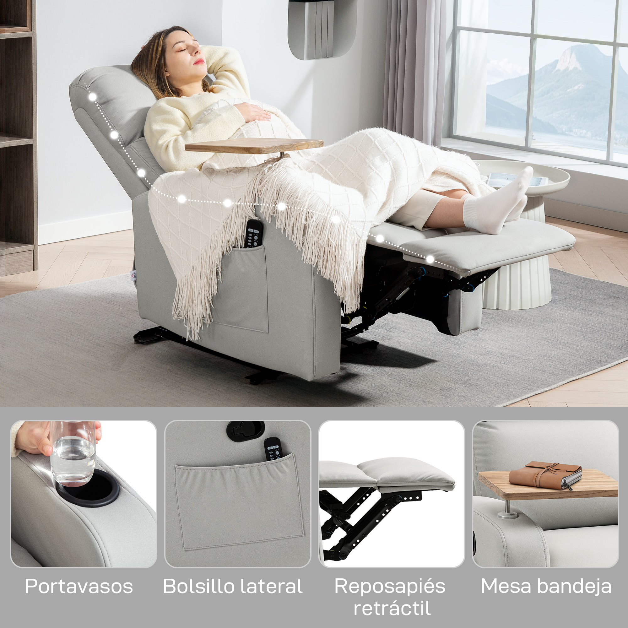 Sillón de Masaje con 8 Puntos de Masaje Sillón Relax Eléctrico Sofá Relax con 4 Modos Reclinación 145° Mando a Distancia Mesita 2 Bolsillos Laterales y Posavasos 77x93x105 cm Gris Claro