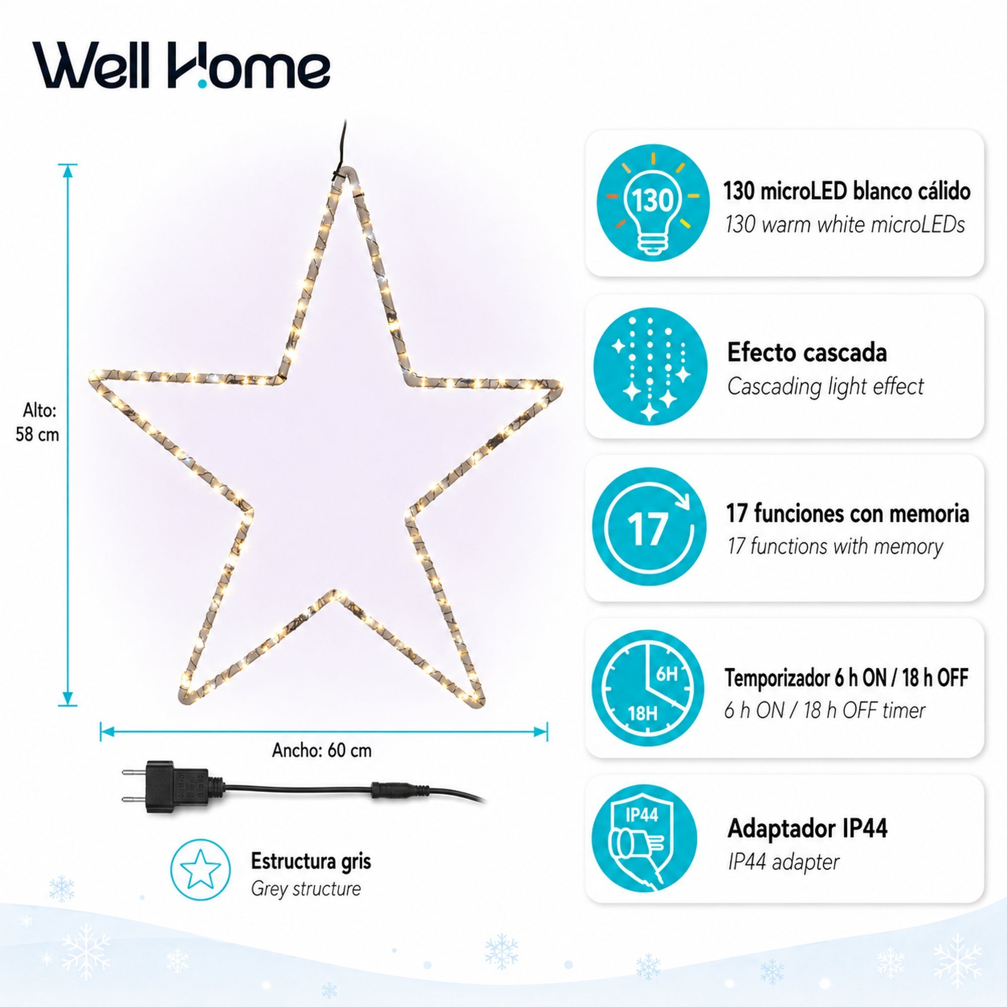 Estrella led blanco cálido con efecto cascada con 130 microled, 17 funciones con memoria, temporizador 60x58 cm