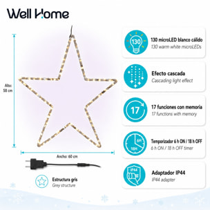 Estrella led blanco cálido con efecto cascada con 130 microled, 17 funciones con memoria, temporizador 60x58 cm