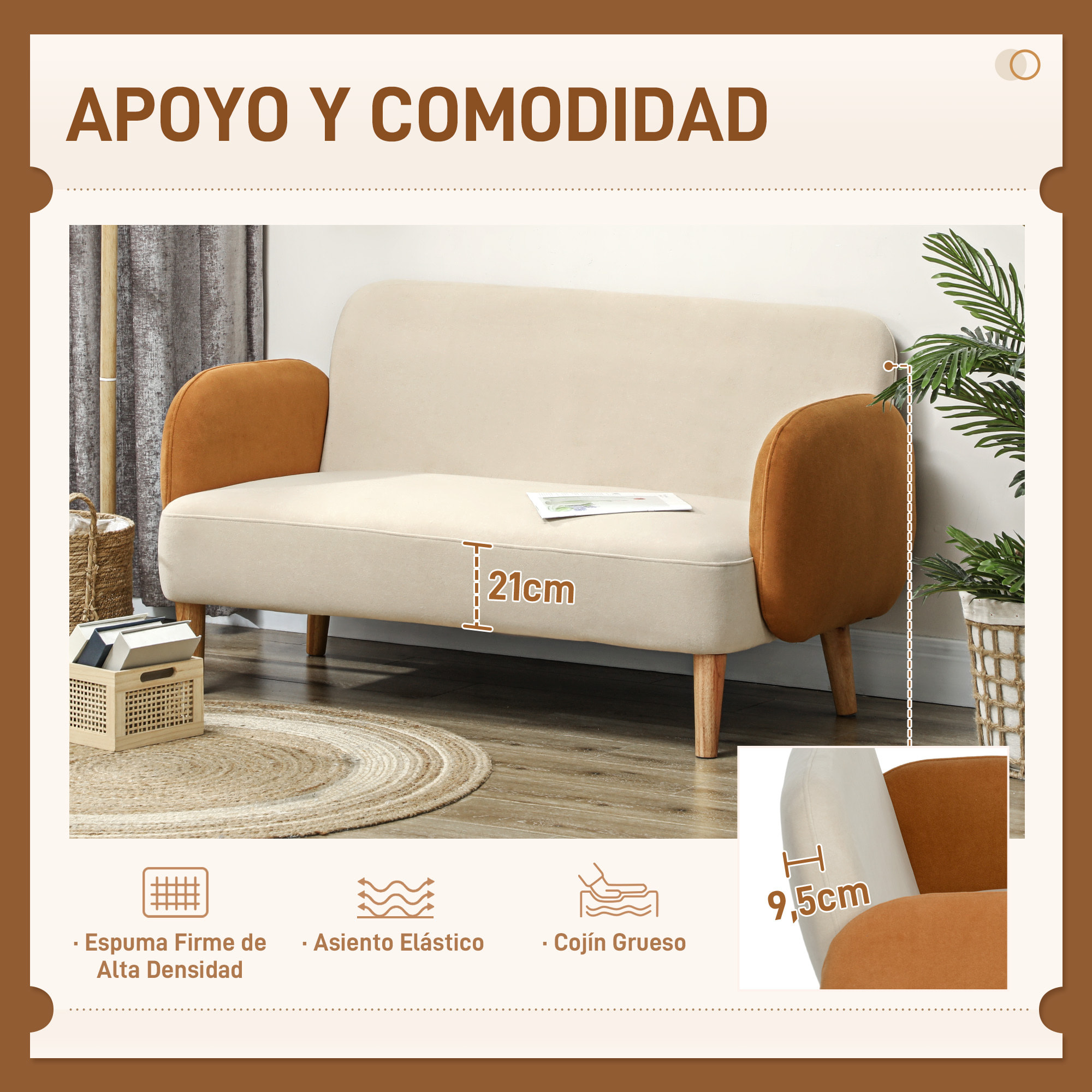 Sofá de 2 Plazas Tapizado en Terciopelo Sofá de Salón con Reposabrazos y Patas de Madera Sofá Pequeño Carga 240 kg para Dormitorio Oficina 130x74x76 cm Crema