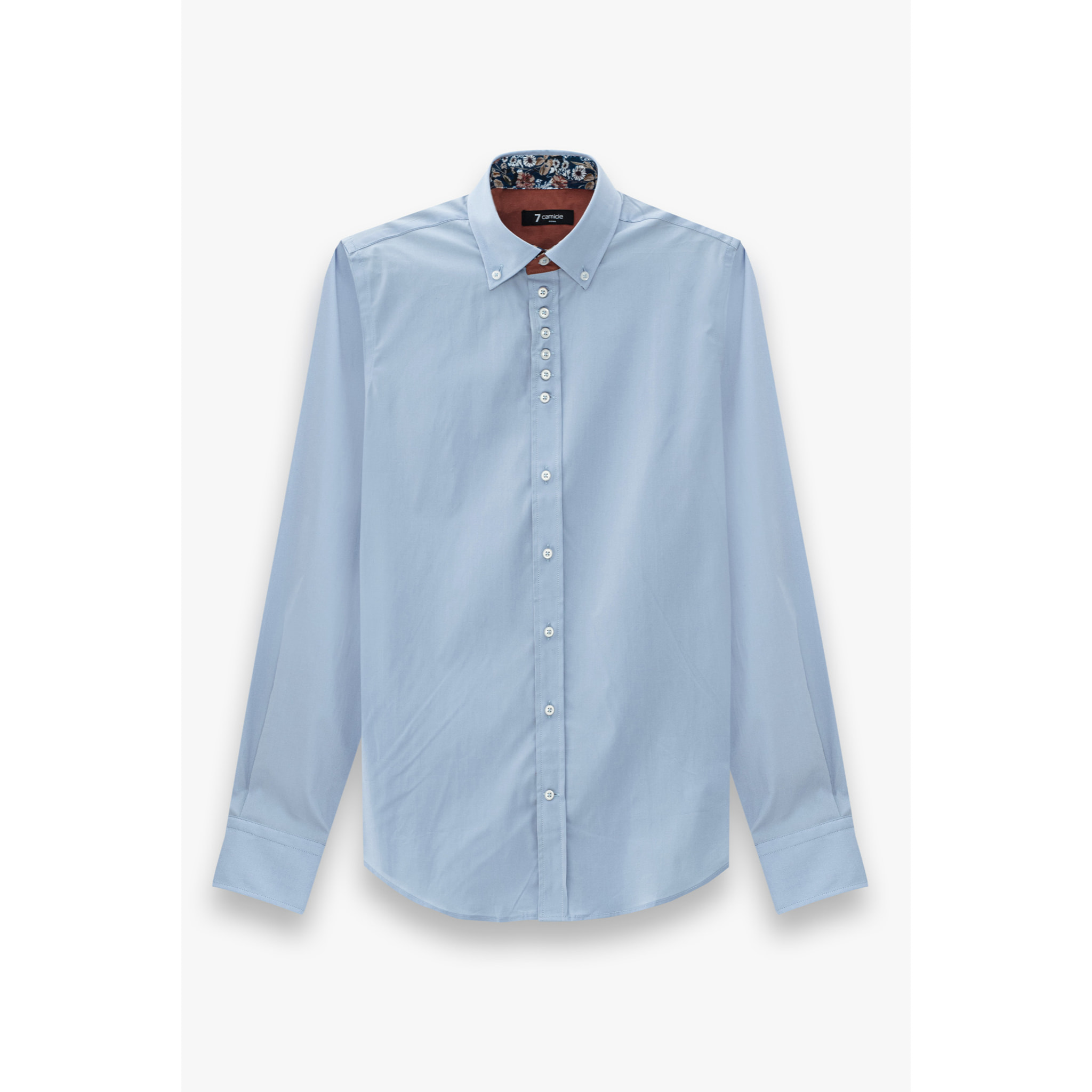 Camicia Uomo 1 Bottoni Button Down Slim Popeline Stretch Unito Celeste