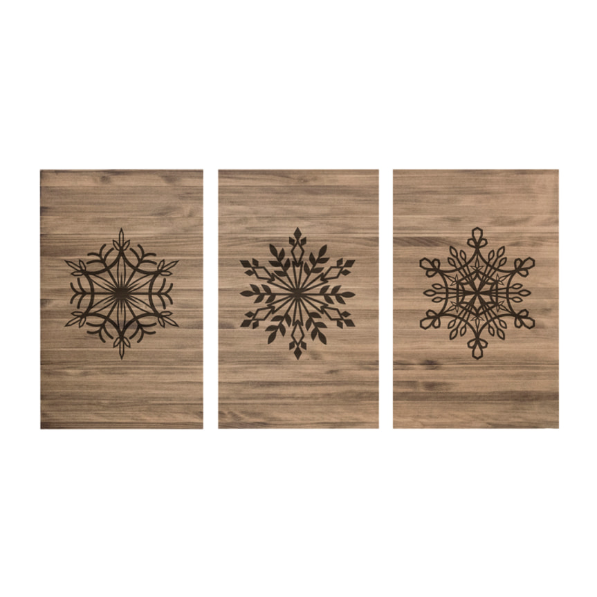 Tête de lit triptyque en bois massif avec motif Snowflake imprimée en ton chêne foncé de différentes tailles Hauteur: 80 Longueur: 180 Largeur: 4.2