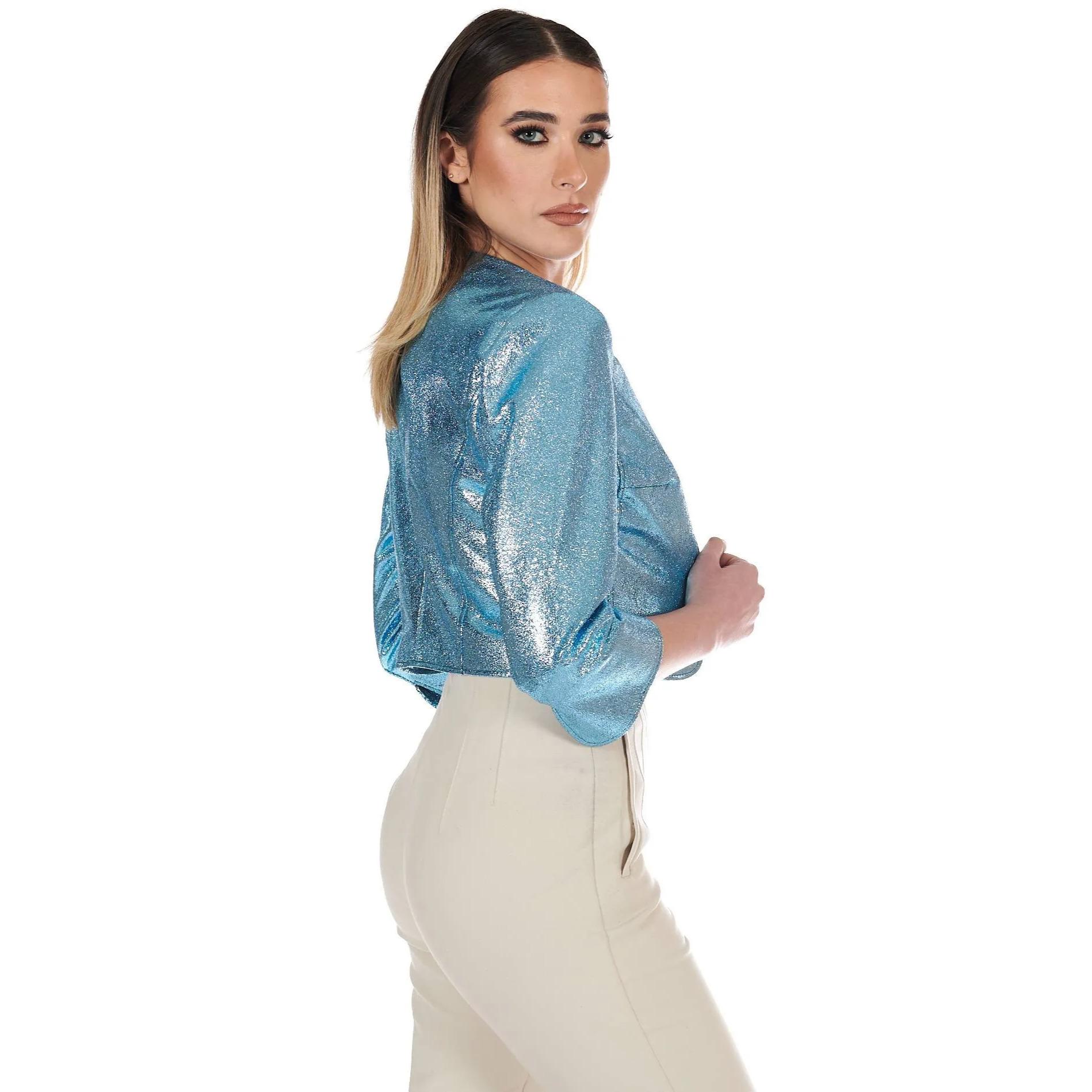 Giacca corta bolero in pelle laminata azzurra girocollo