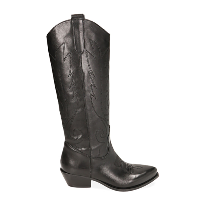 Botas de piel tejana negras, tacón de 5,5 cm