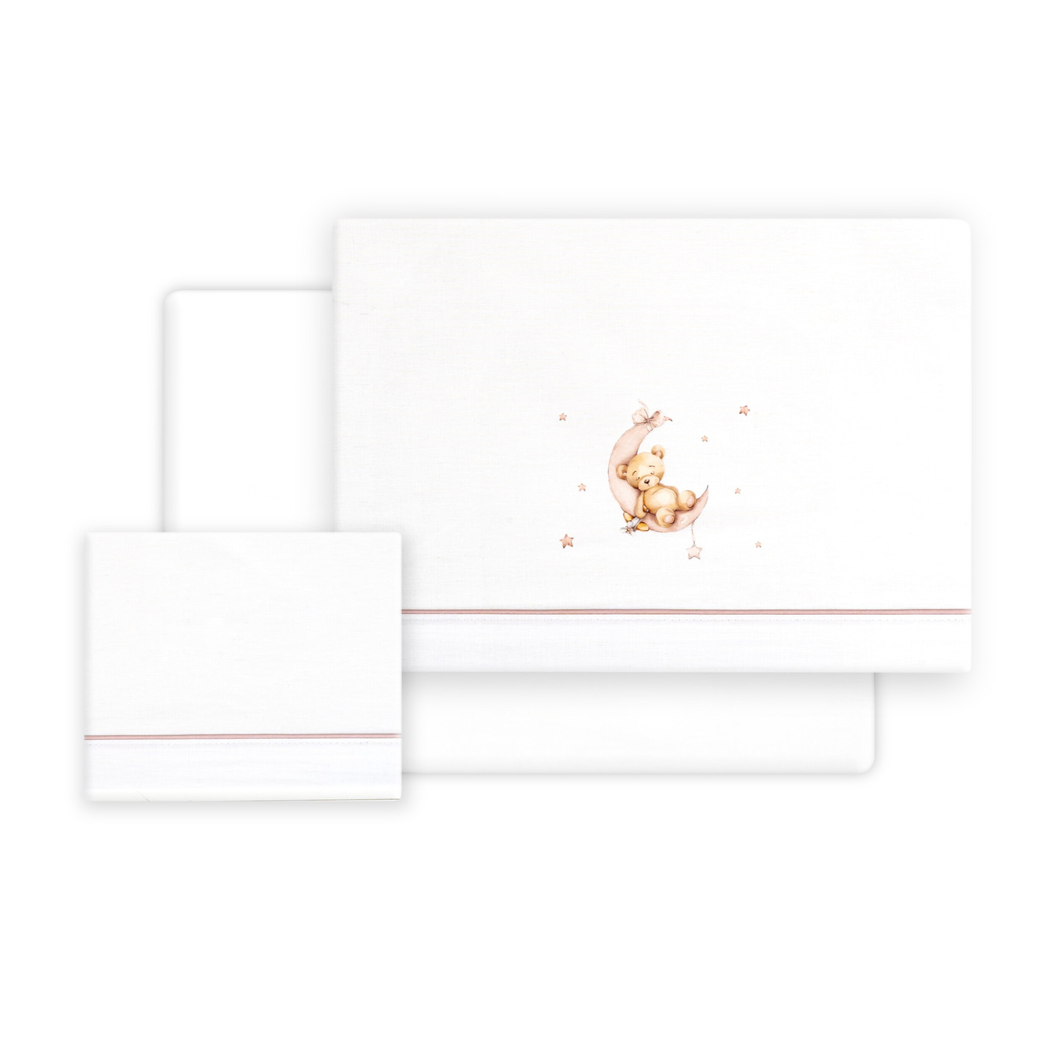 Triptico Cuna Estampado Oso Luna Estrellas + Broche Bco/Rosa