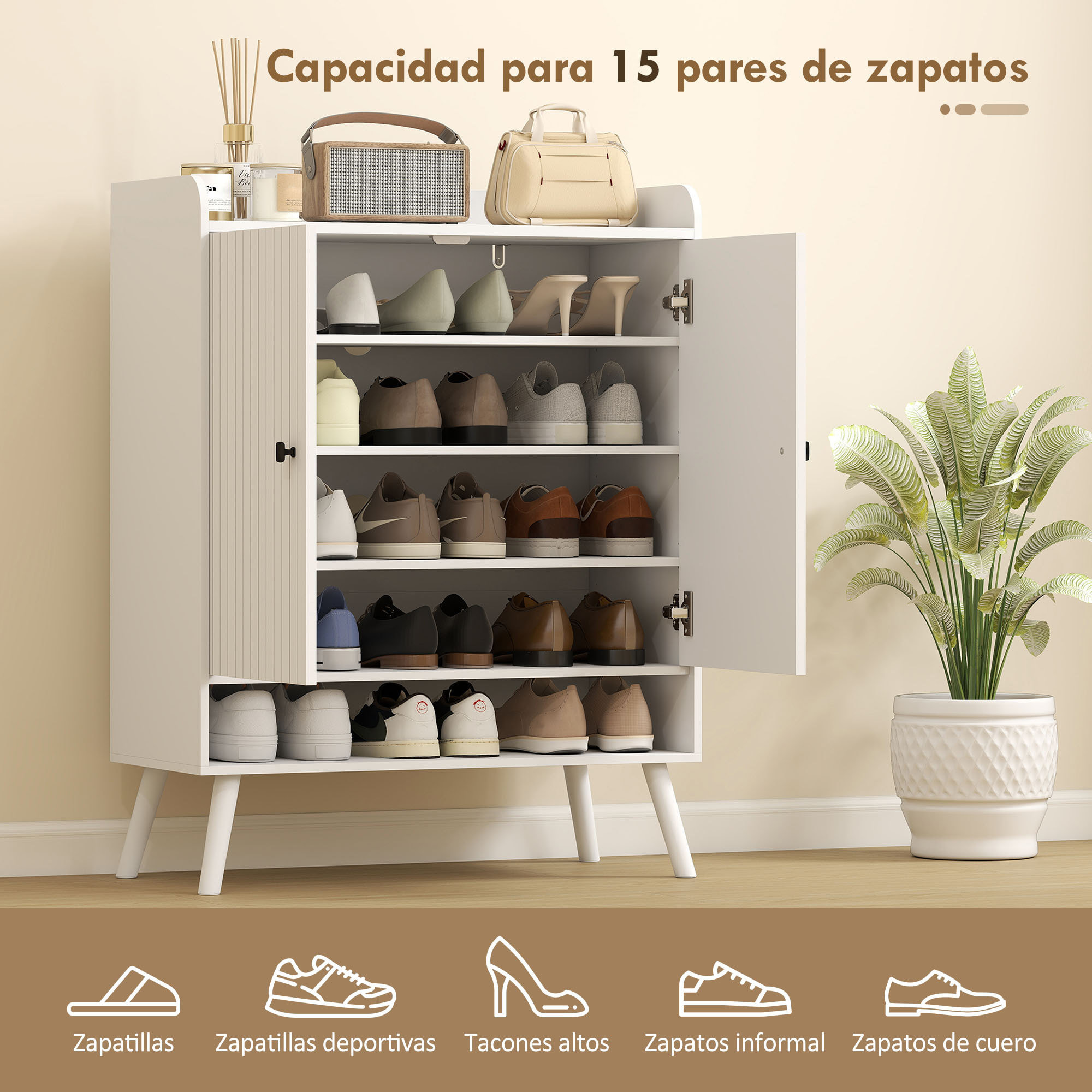 Zapatero de 2 Puertas en Lamas, Zapatero Entrada Recibidor con Estantes Ajustables, Compartimento Abierto, para 15 Pares de Zapatos, 75x35x97 cm, Blanco