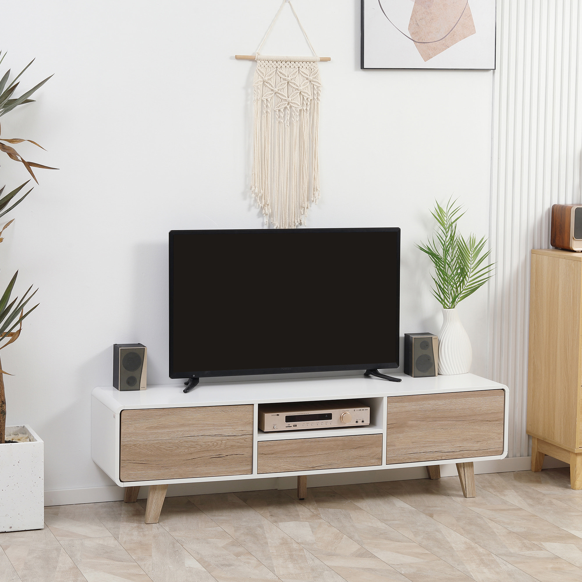 Meuble TV bas sur pied style scandinave 2 portes niche tiroir MDF blanc aspect chêne clair