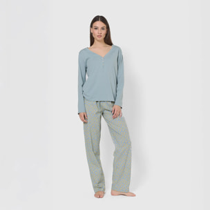 Pijama largo de algodón con escote pico eladia azul agua