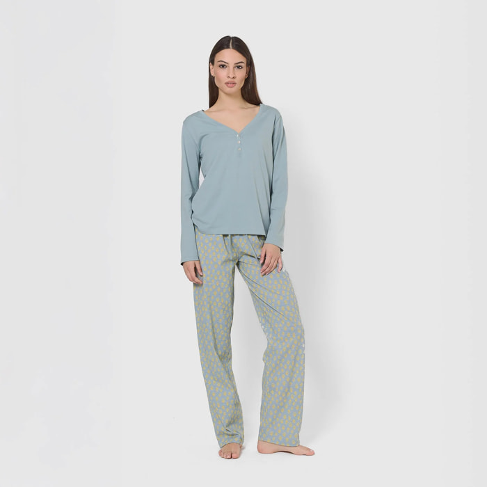 Pijama largo de algodón con escote pico eladia azul agua